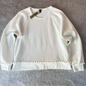 J.Crew Woman White Pom-Pom Trim Sweatshirt Crew Neck Long Sleeves Size Large NWT
